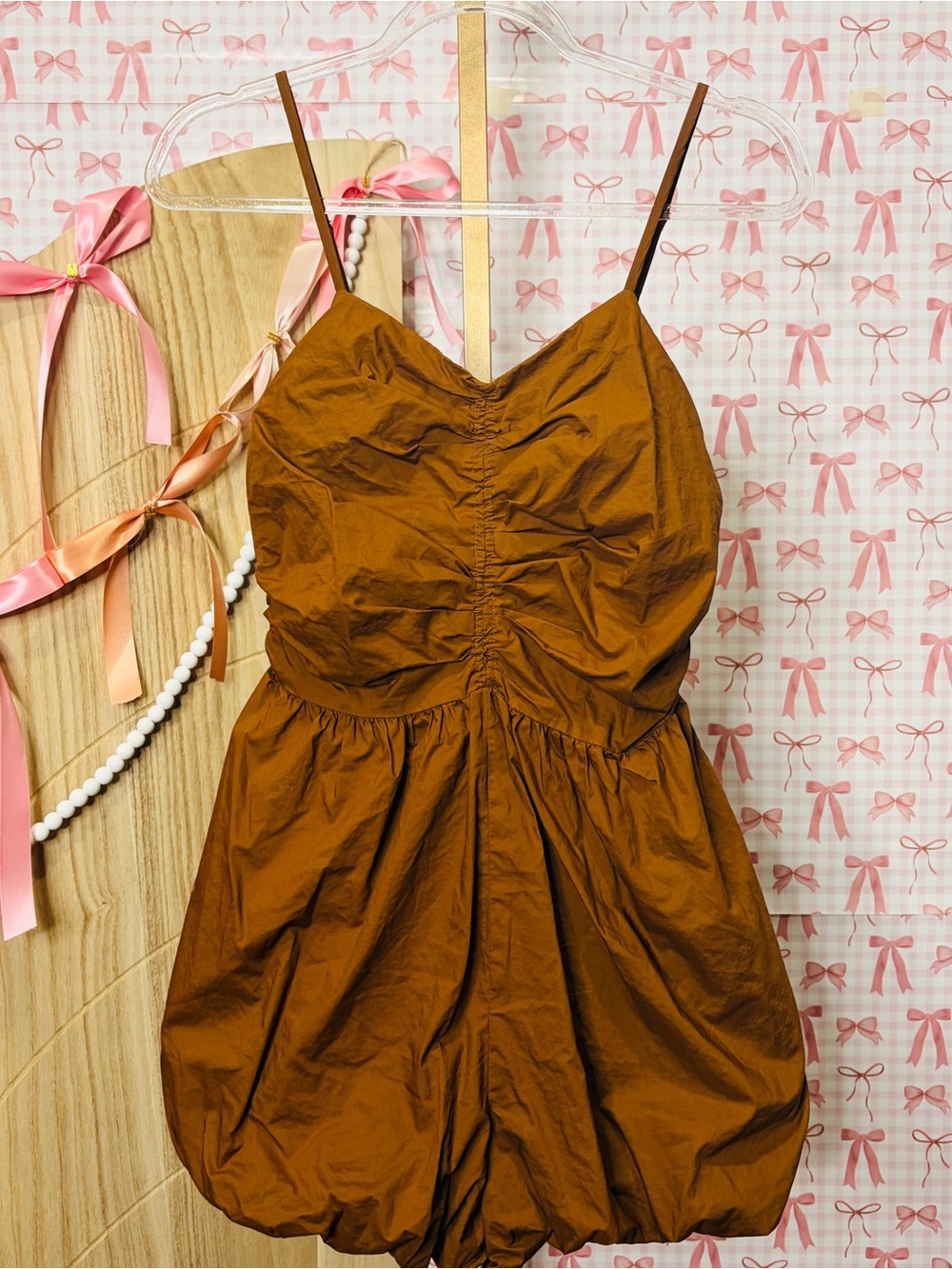 Endless Rose Anthropologie Brown Shirred Blouson Bubble Romper Coastal Cowgirl S